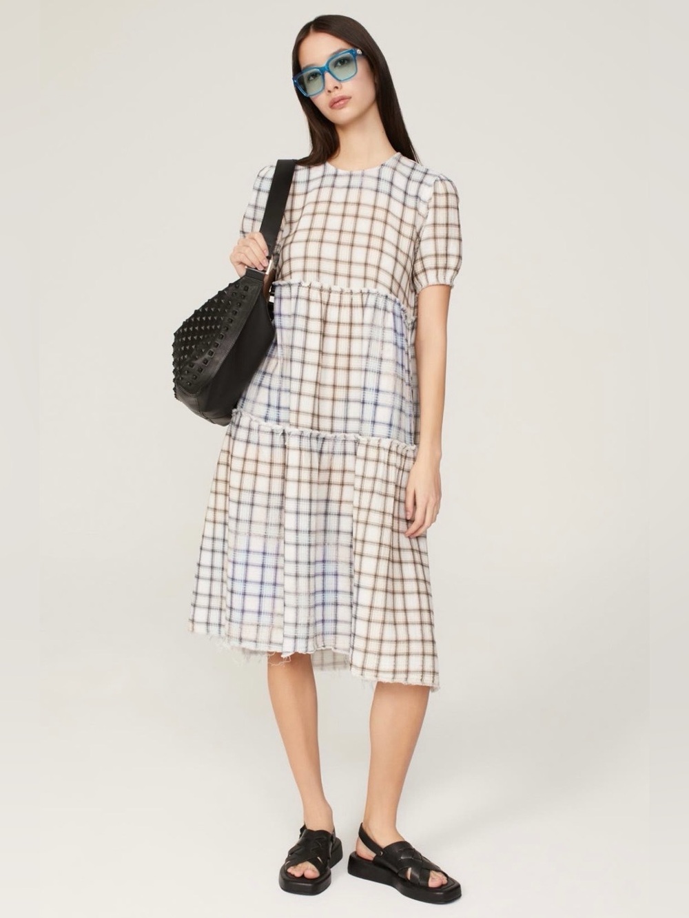 R13~Plaid Tiered Midi Dress in Cream, Blue, and Brown~Size Small~$795~